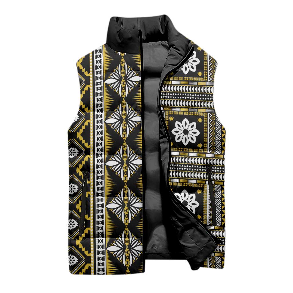 Fiji Masi Tapa Pattern Yellow Sleeveless Puffer Jacket - Polynesian Pride