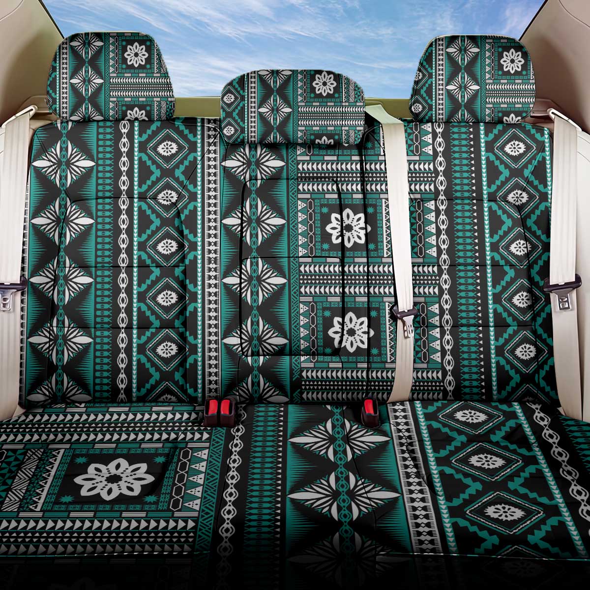 Fiji Masi Tapa Pattern Teal Back Car Seat Cover LT01 One Size Teal - Polynesian Pride