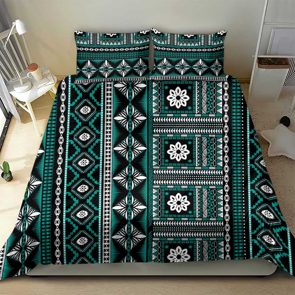 Fiji Masi Tapa Pattern Teal Bedding Set - Polynesian Pride