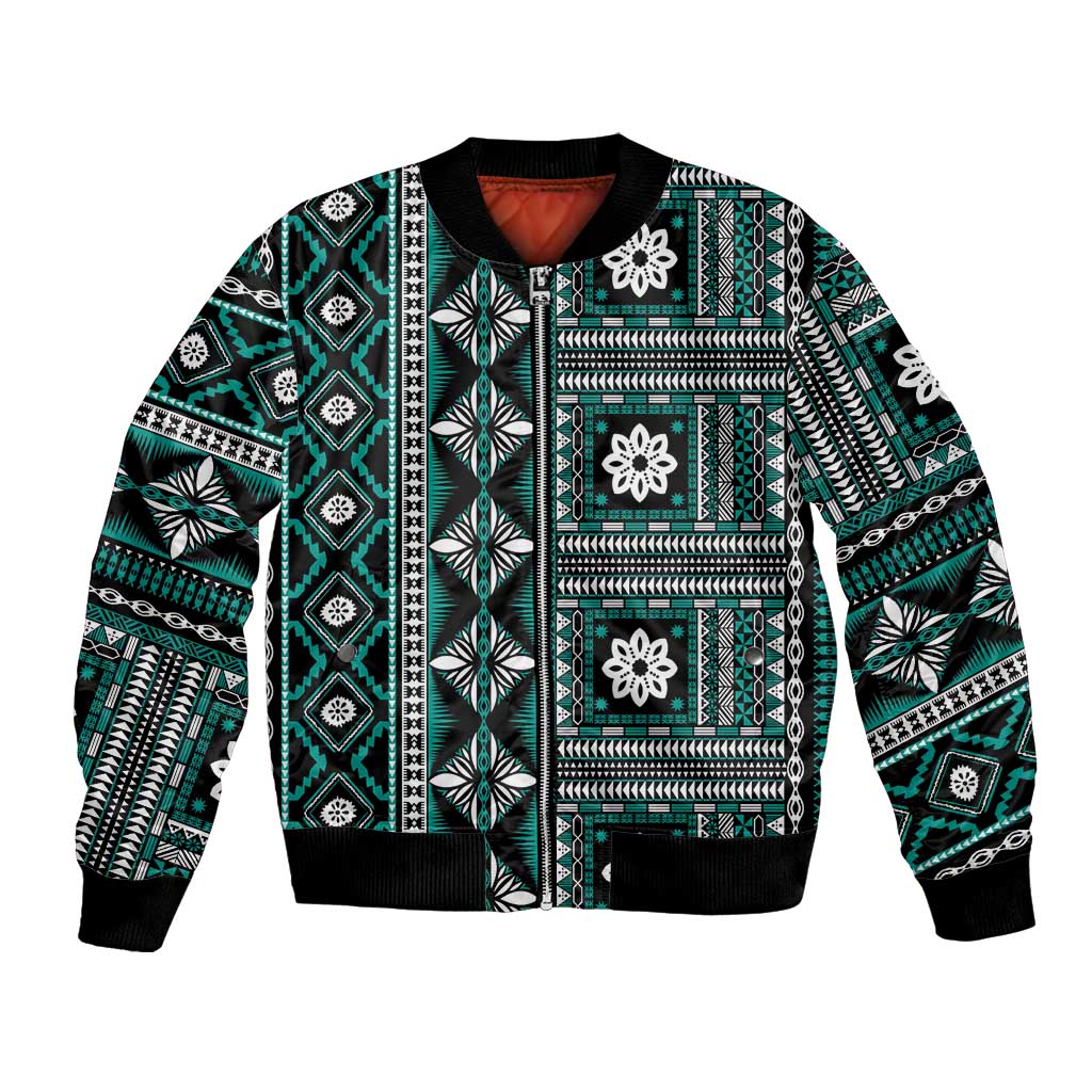 Fiji Masi Tapa Pattern Teal Bomber Jacket LT01 Unisex Teal - Polynesian Pride
