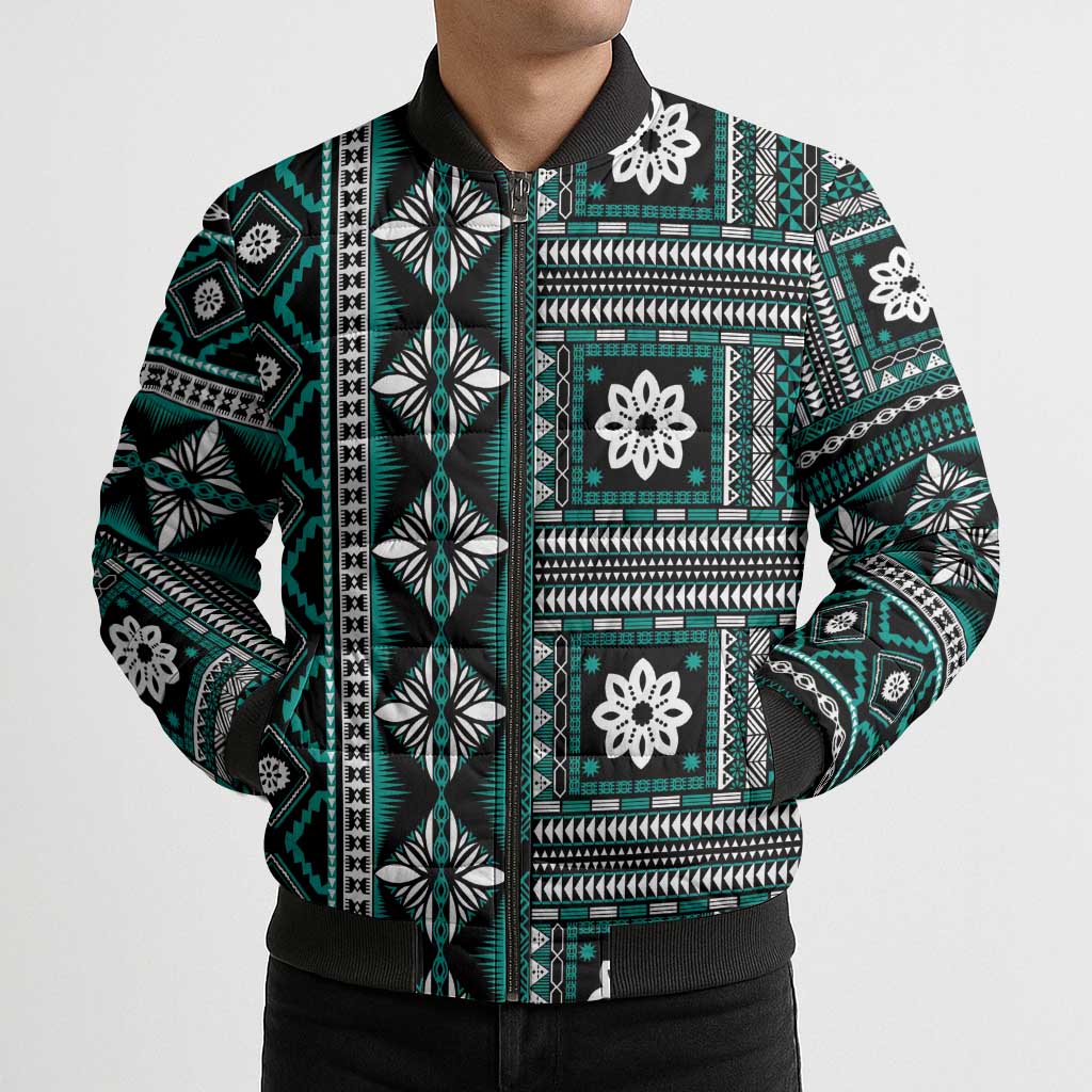 Fiji Masi Tapa Pattern Teal Bomber Puffer Jacket - Polynesian Pride