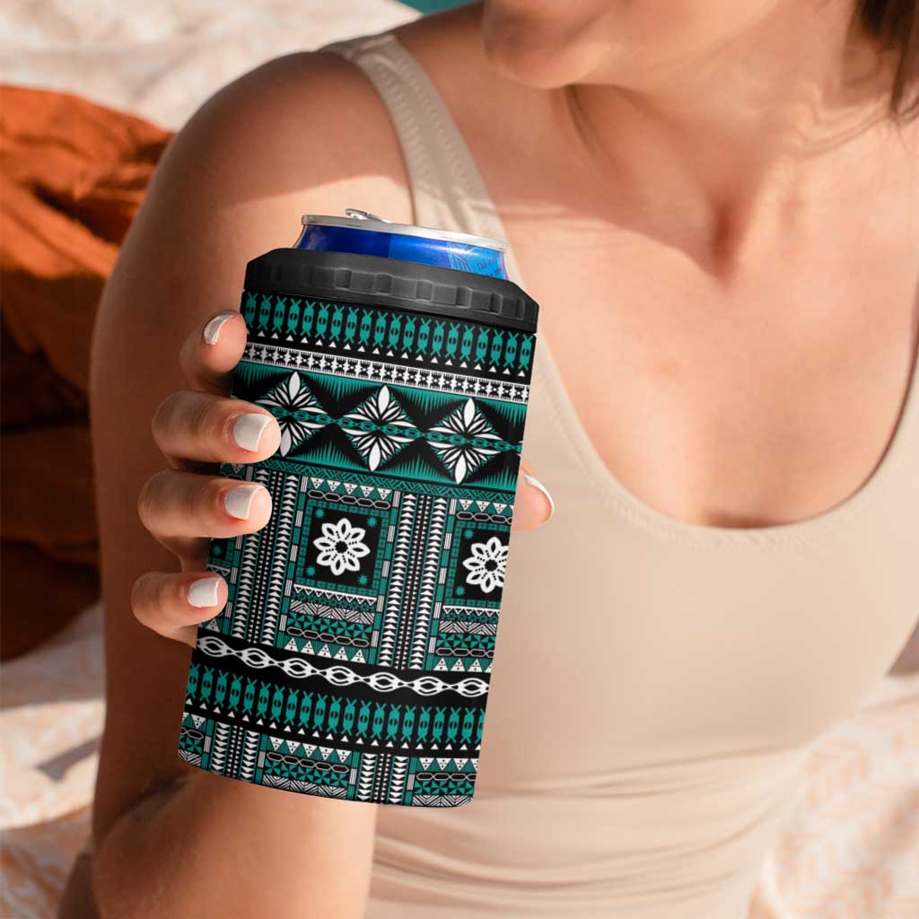 Fiji Masi Tapa Pattern Teal 4 in 1 Can Cooler Tumbler - Polynesian Pride
