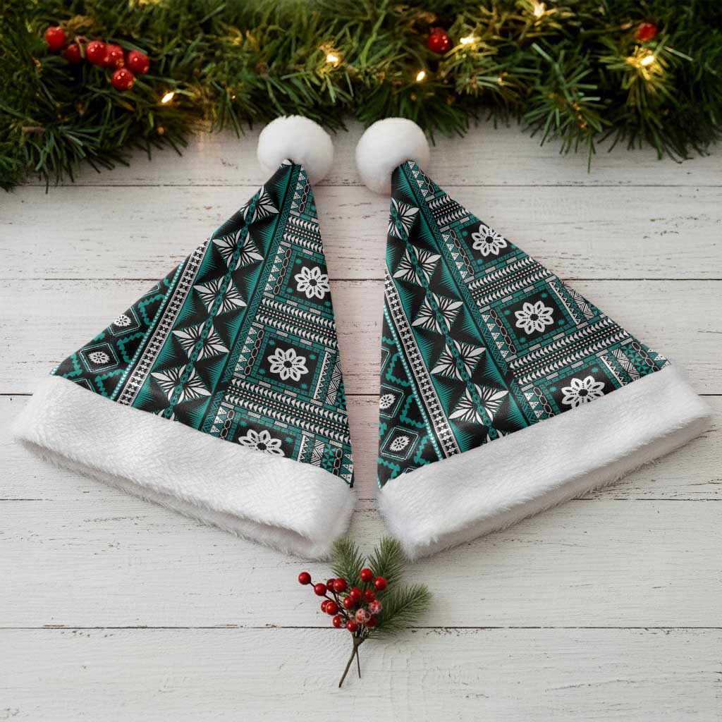 Fiji Masi Tapa Pattern Teal Christmas Santa Hat - Polynesian Pride
