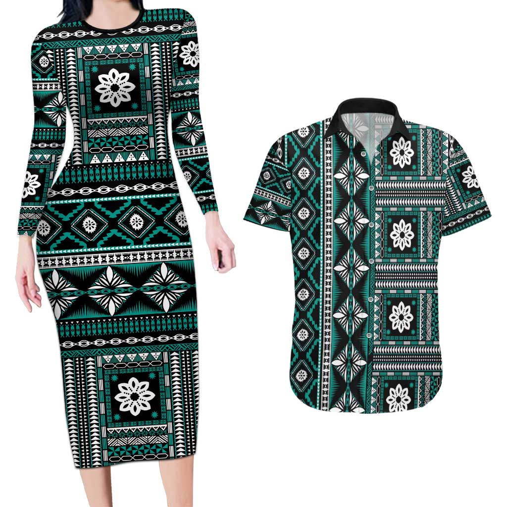 Fiji Masi Tapa Pattern Teal Couples Matching Long Sleeve Bodycon Dress and Hawaiian Shirt - Polynesian Pride