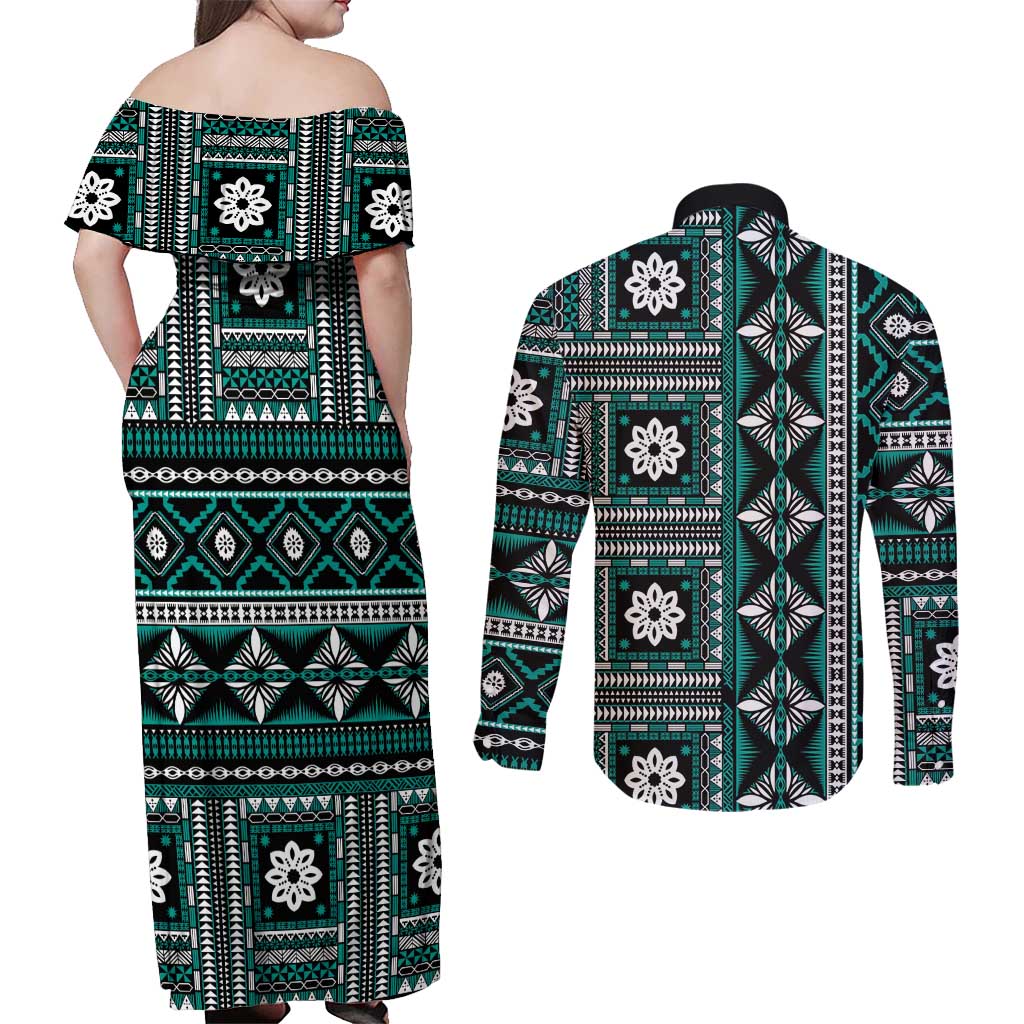 Fiji Masi Tapa Pattern Teal Couples Matching Off Shoulder Maxi Dress and Long Sleeve Button Shirt - Polynesian Pride