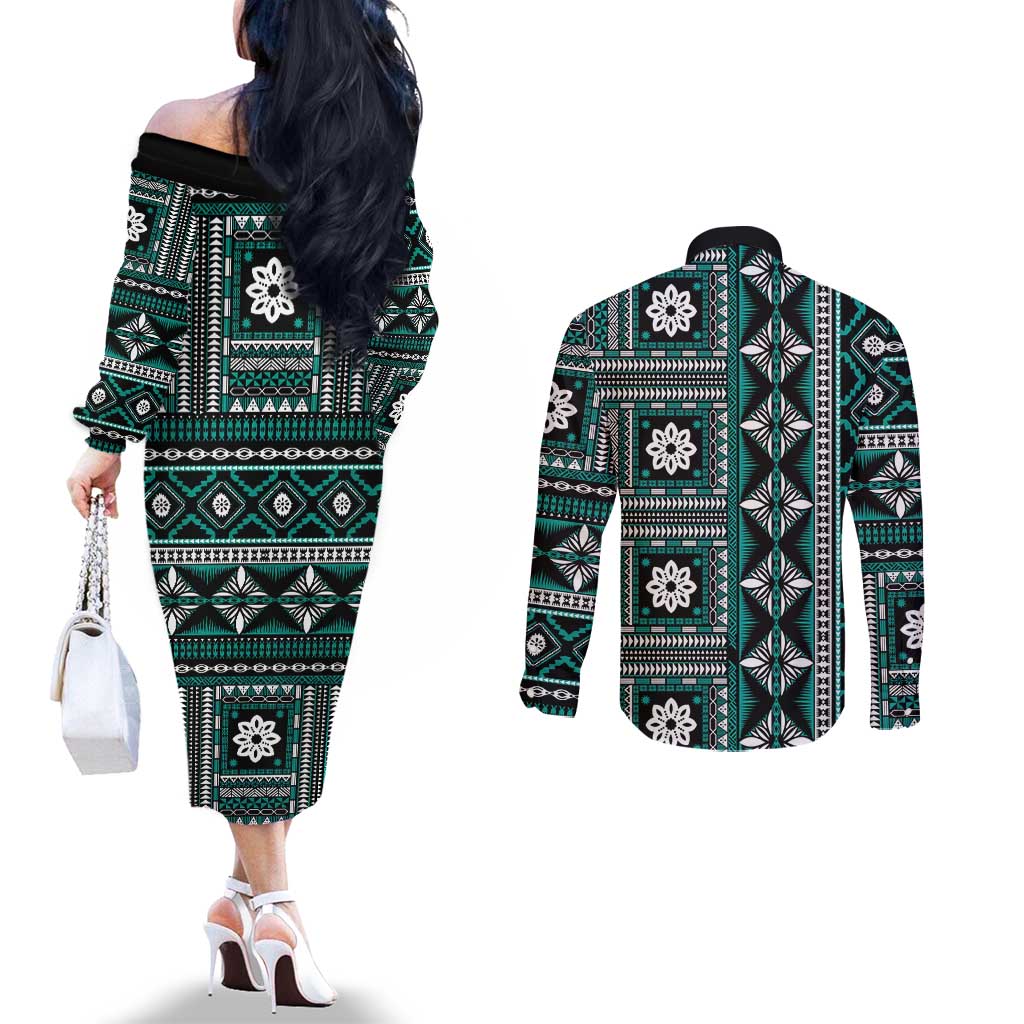 Fiji Masi Tapa Pattern Teal Couples Matching Off The Shoulder Long Sleeve Dress and Long Sleeve Button Shirt - Polynesian Pride