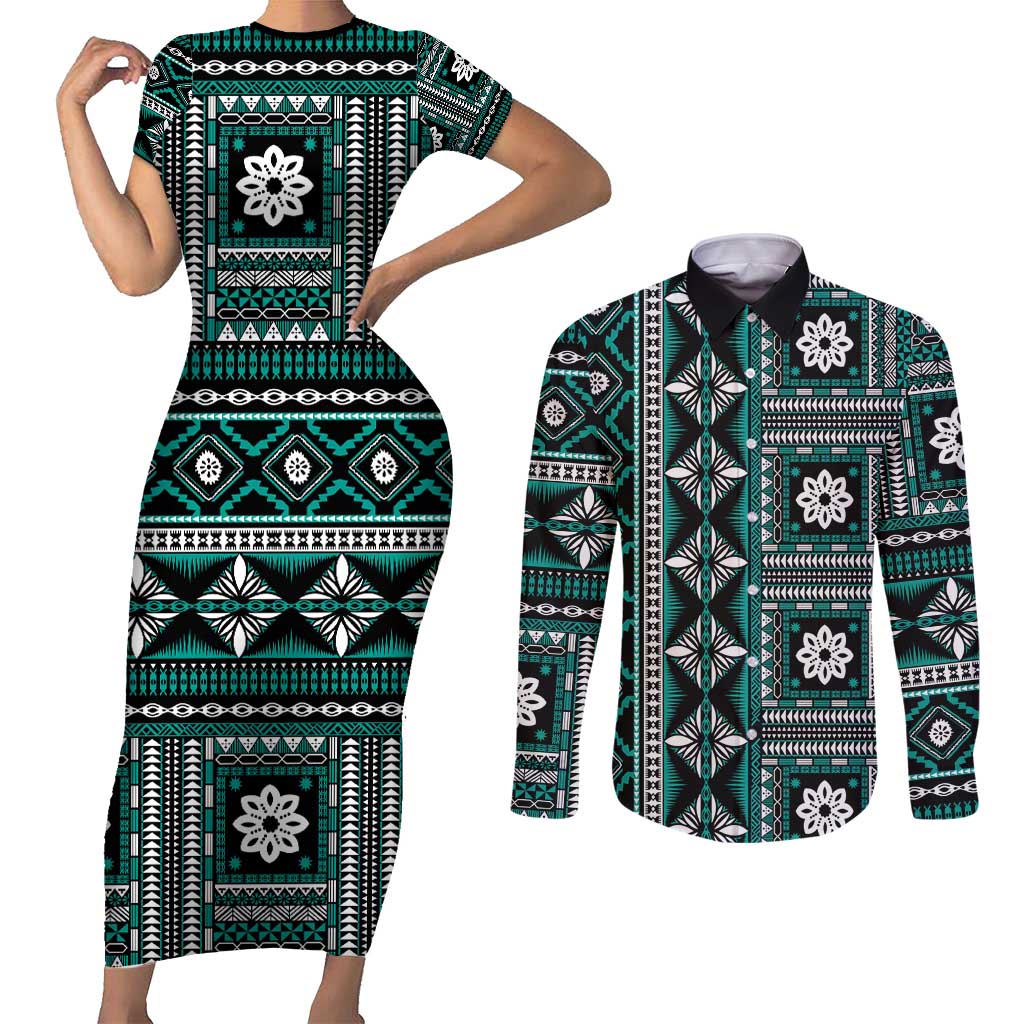 Fiji Masi Tapa Pattern Teal Couples Matching Short Sleeve Bodycon Dress and Long Sleeve Button Shirt - Polynesian Pride