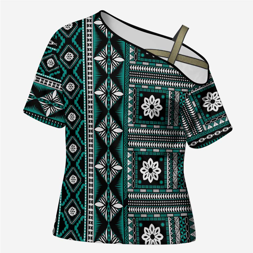 Fiji Masi Tapa Pattern Teal Cross Shoulder Shirt - Polynesian Pride