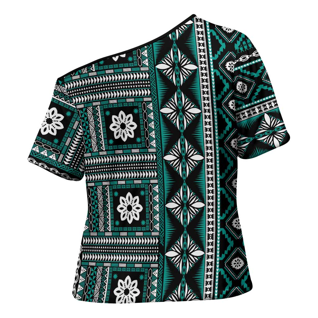 Fiji Masi Tapa Pattern Teal Cross Shoulder Shirt - Polynesian Pride