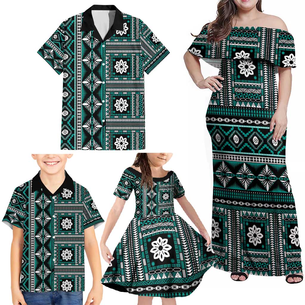 Fiji Masi Tapa Pattern Teal Family Matching Off Shoulder Maxi Dress and Hawaiian Shirt - Polynesian Pride