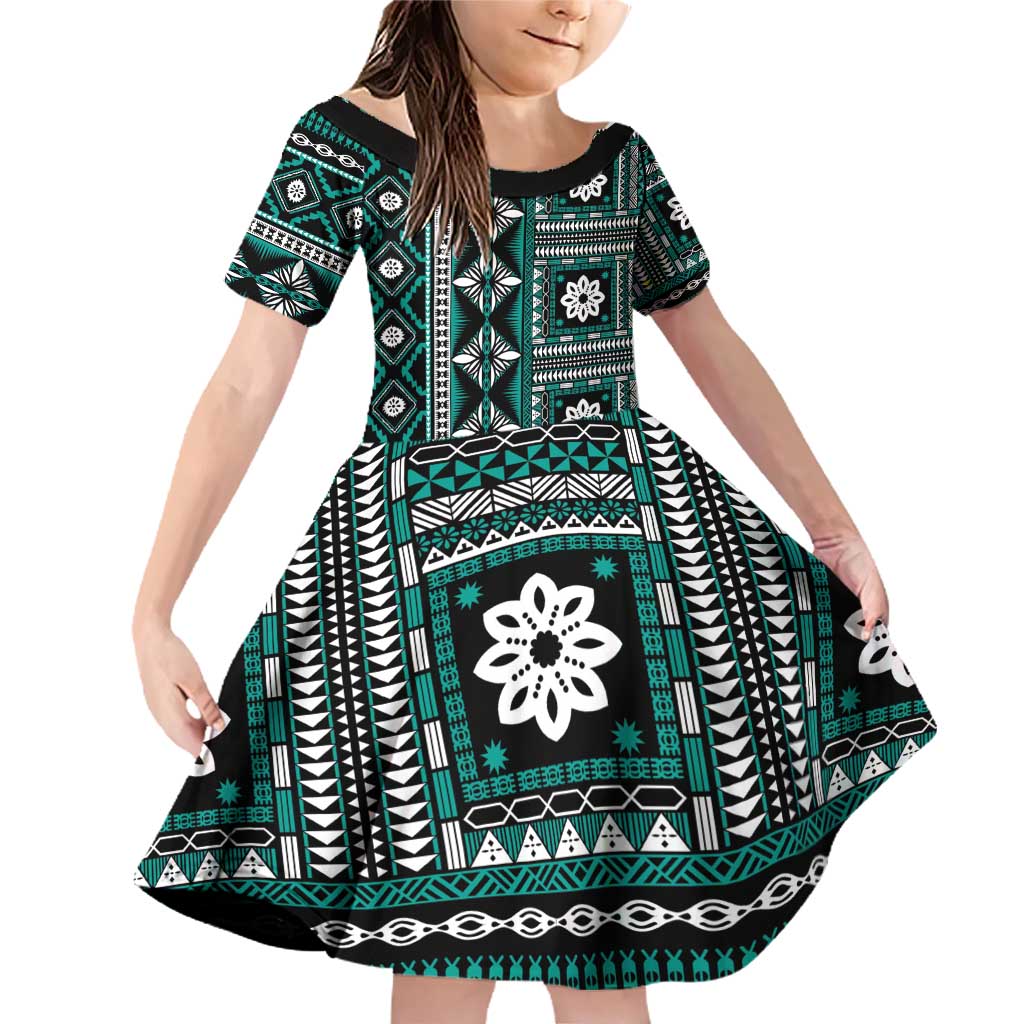 Fiji Masi Tapa Pattern Teal Family Matching Off Shoulder Short Dress and Hawaiian Shirt - Polynesian Pride