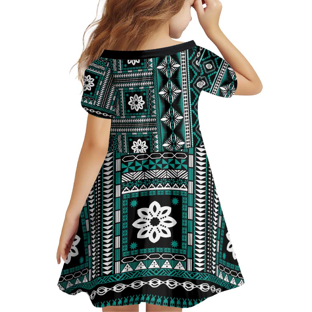 Fiji Masi Tapa Pattern Teal Family Matching Off Shoulder Short Dress and Hawaiian Shirt - Polynesian Pride