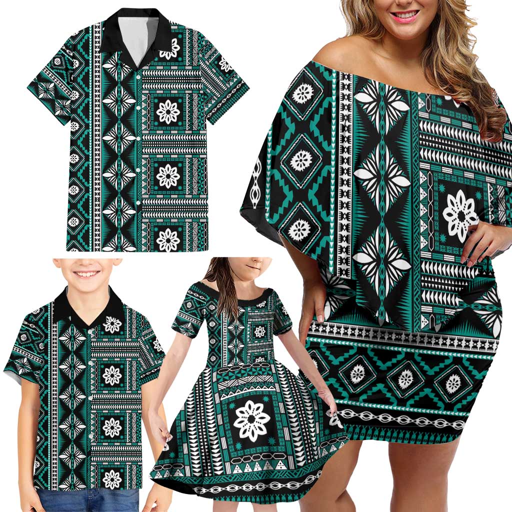 Fiji Masi Tapa Pattern Teal Family Matching Off Shoulder Short Dress and Hawaiian Shirt - Polynesian Pride