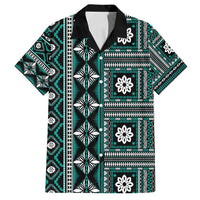 Fiji Masi Tapa Pattern Teal Family Matching Off Shoulder Short Dress and Hawaiian Shirt - Polynesian Pride