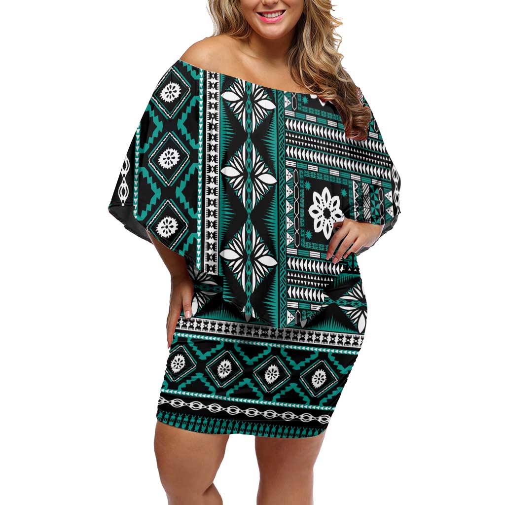 Fiji Masi Tapa Pattern Teal Family Matching Off Shoulder Short Dress and Hawaiian Shirt - Polynesian Pride