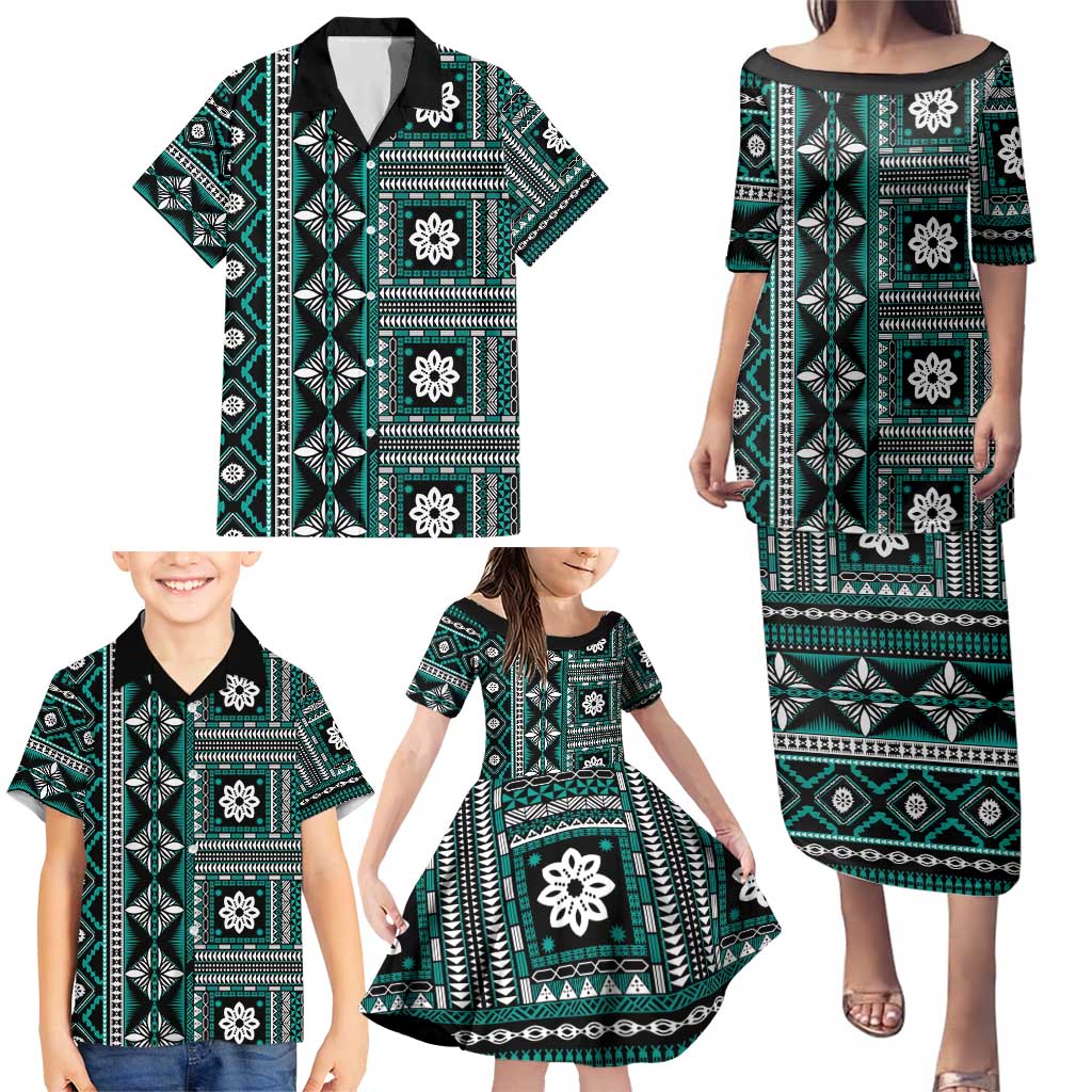 Fiji Masi Tapa Pattern Teal Family Matching Puletasi and Hawaiian Shirt - Polynesian Pride