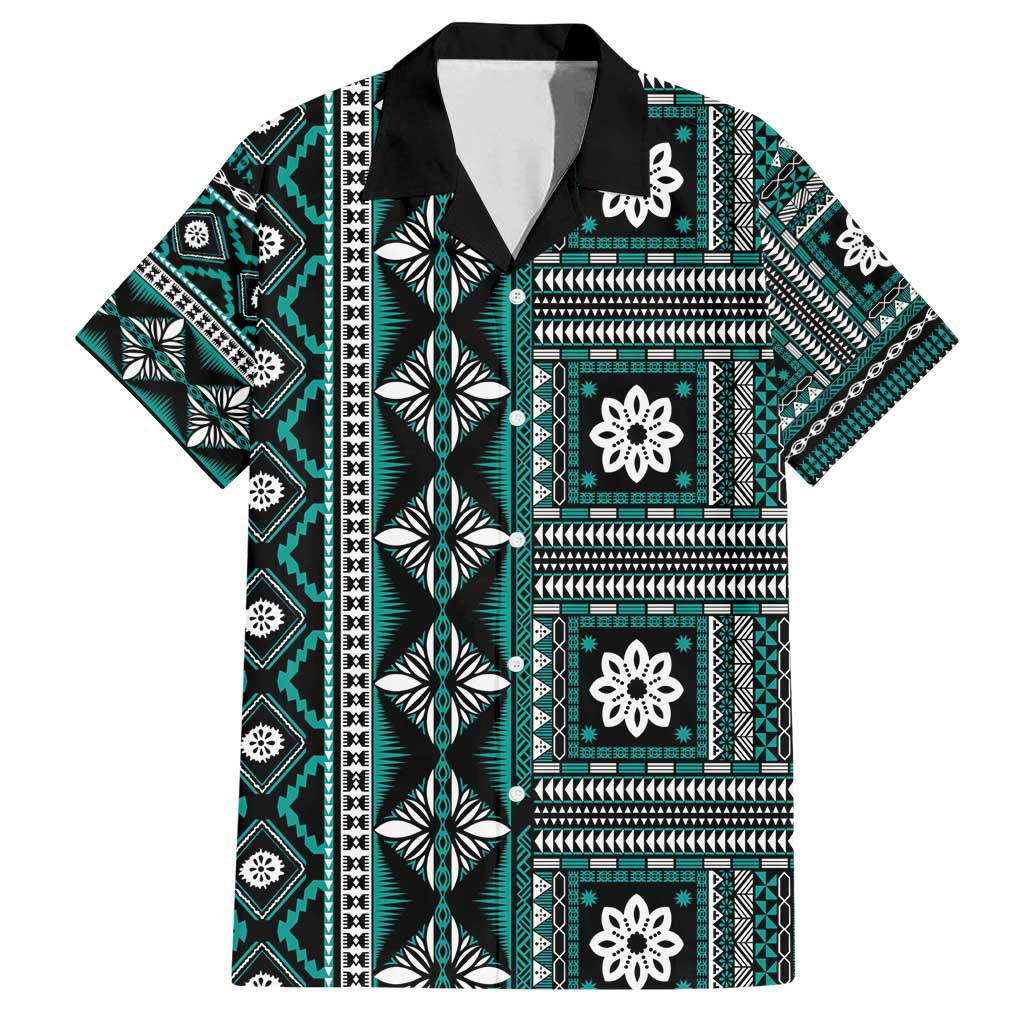 Fiji Masi Tapa Pattern Teal Family Matching Puletasi and Hawaiian Shirt - Polynesian Pride