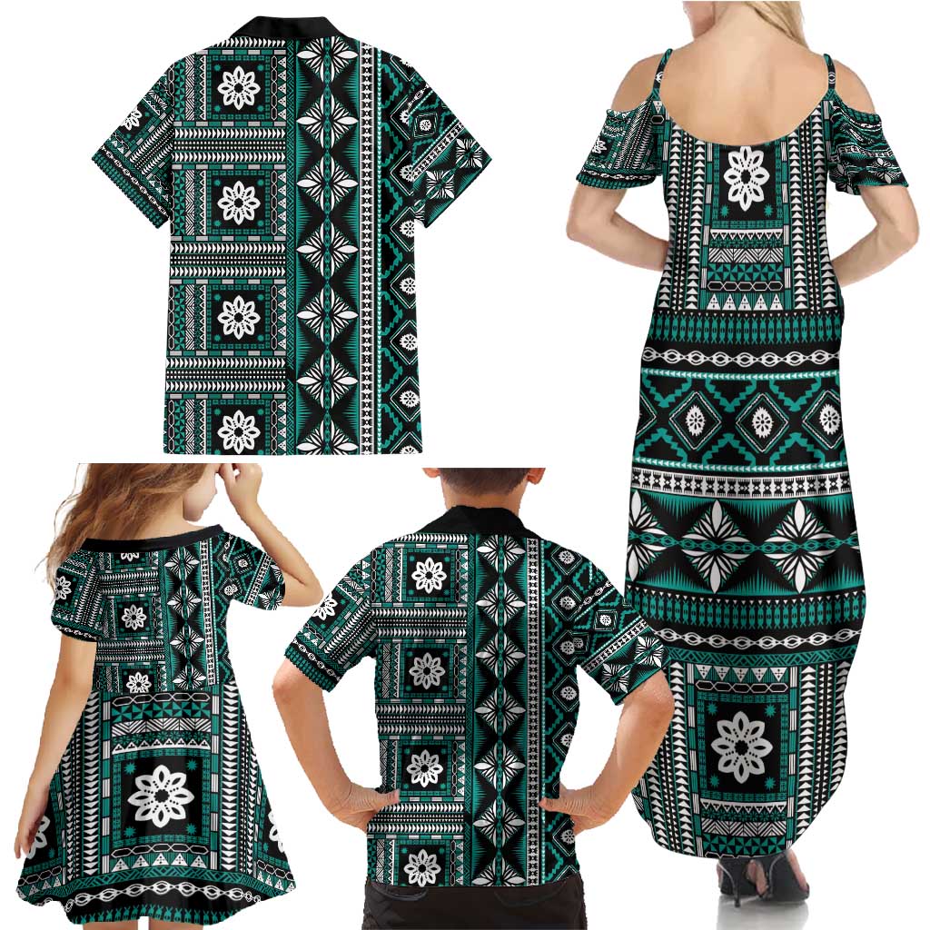 Fiji Masi Tapa Pattern Teal Family Matching Summer Maxi Dress and Hawaiian Shirt - Polynesian Pride