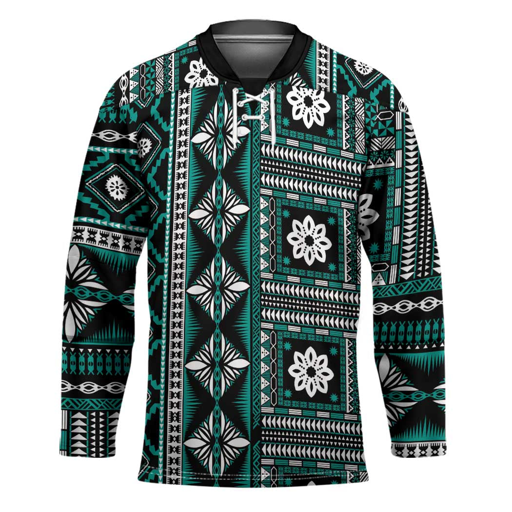 Fiji Masi Tapa Pattern Teal Hockey Jersey - Polynesian Pride