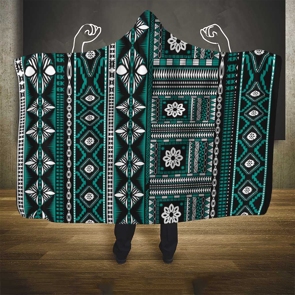Fiji Masi Tapa Pattern Teal Hooded Blanket - Polynesian Pride