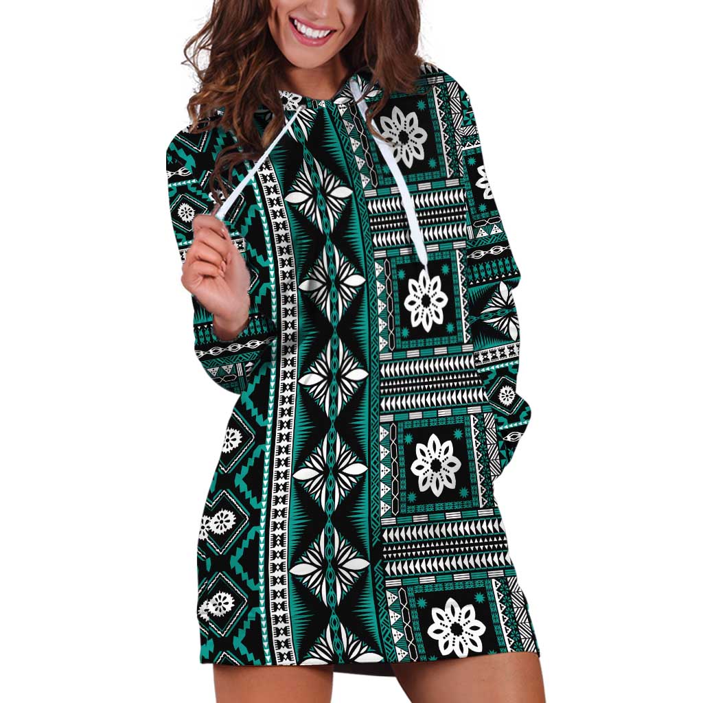 Fiji Masi Tapa Pattern Teal Hoodie Dress - Polynesian Pride