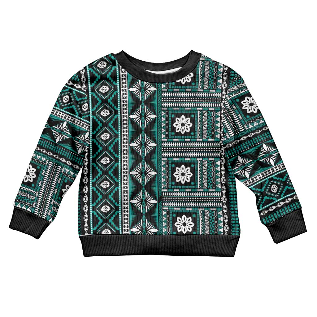 Fiji Masi Tapa Pattern Teal Kid Ugly Christmas Sweater - Polynesian Pride