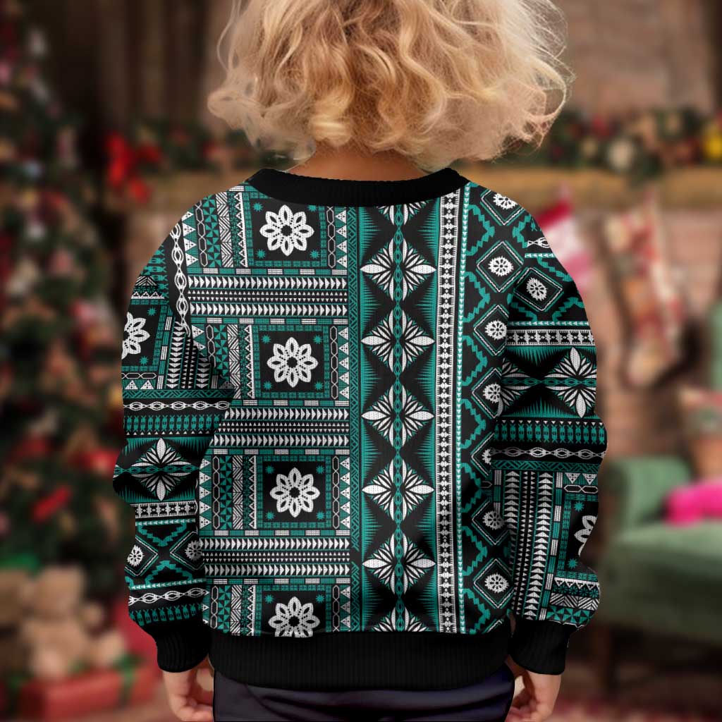 Fiji Masi Tapa Pattern Teal Kid Ugly Christmas Sweater - Polynesian Pride