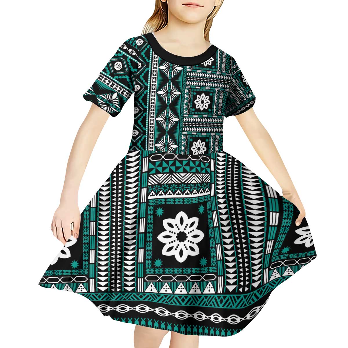 Fiji Masi Tapa Pattern Teal Kid Short Sleeve Dress - Polynesian Pride