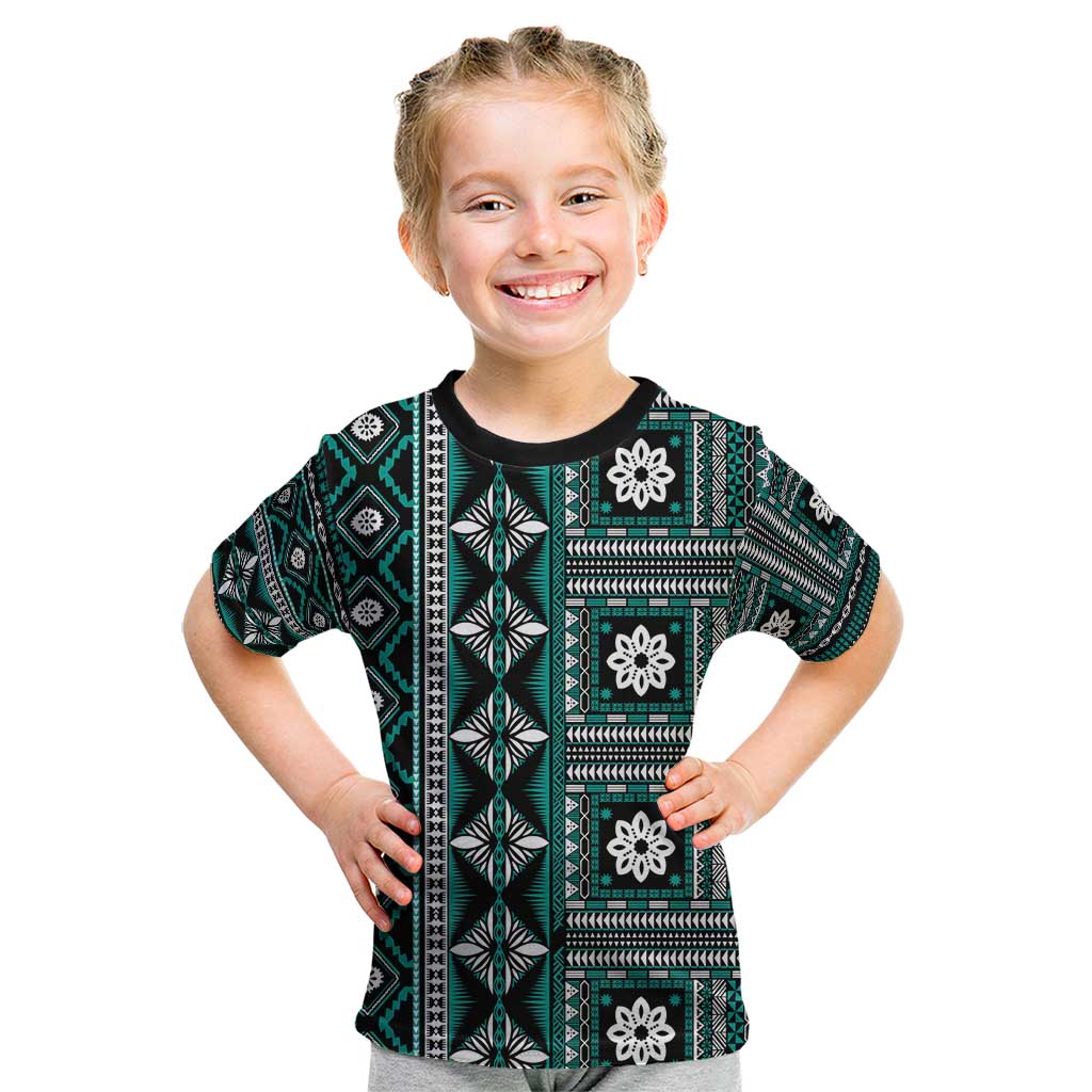 Fiji Masi Tapa Pattern Teal Kid T Shirt - Polynesian Pride