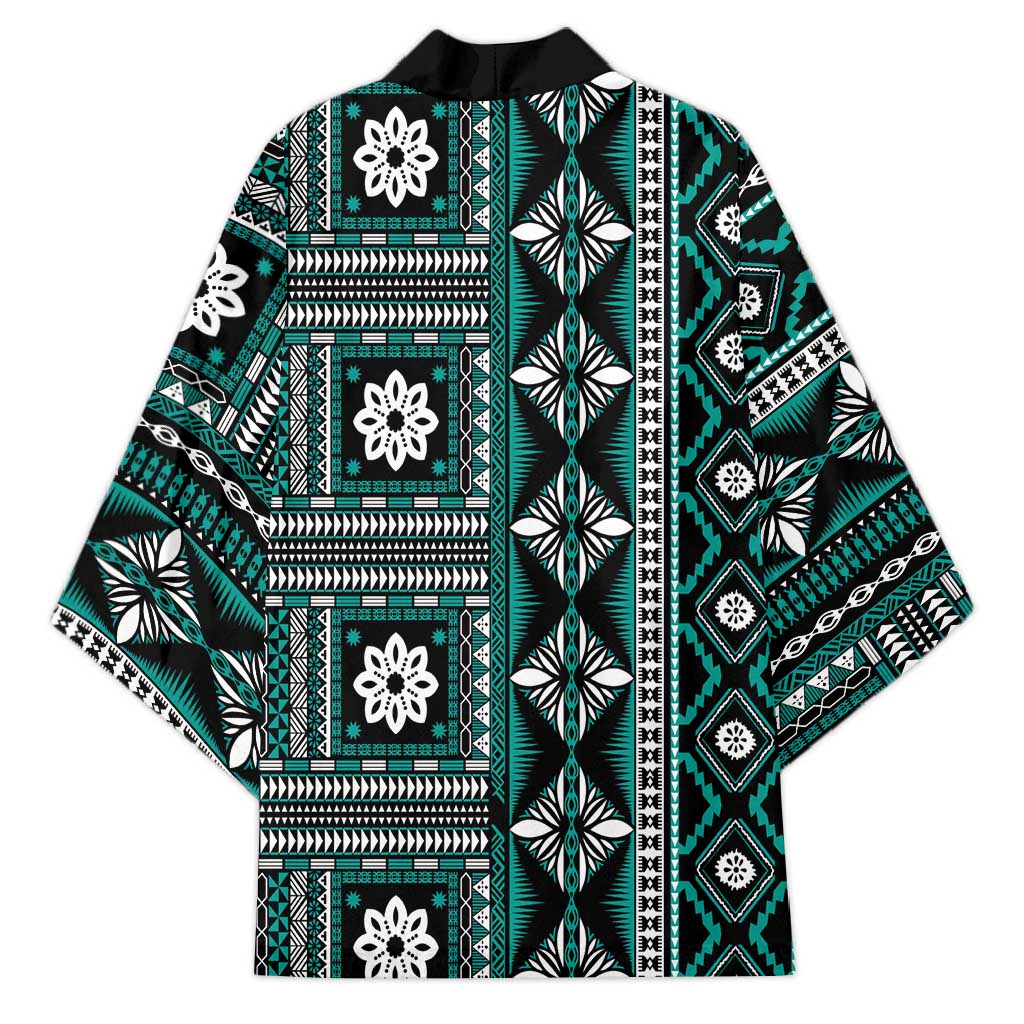 Fiji Masi Tapa Pattern Teal Kimono - Polynesian Pride