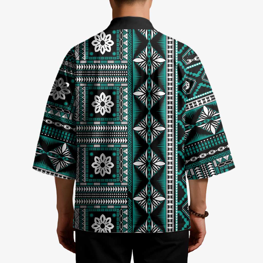 Fiji Masi Tapa Pattern Teal Kimono - Polynesian Pride