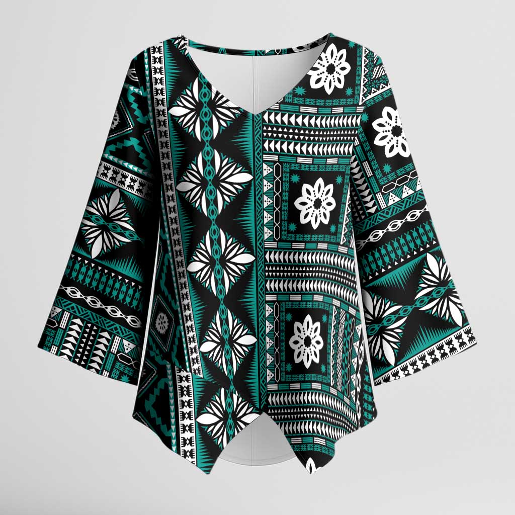 Fiji Masi Tapa Pattern Teal Kimono Sleeve Blouse - Polynesian Pride