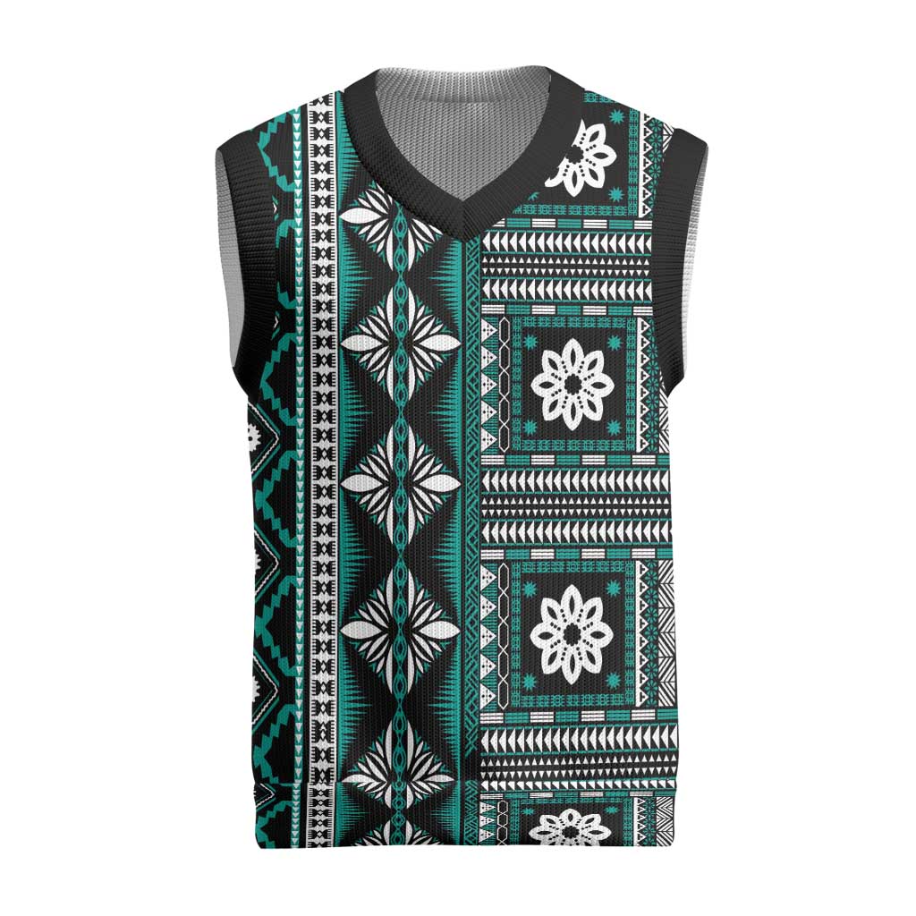 Fiji Masi Tapa Pattern Teal Christmas Knitted V-Neck Vest LT01 Teal - Polynesian Pride