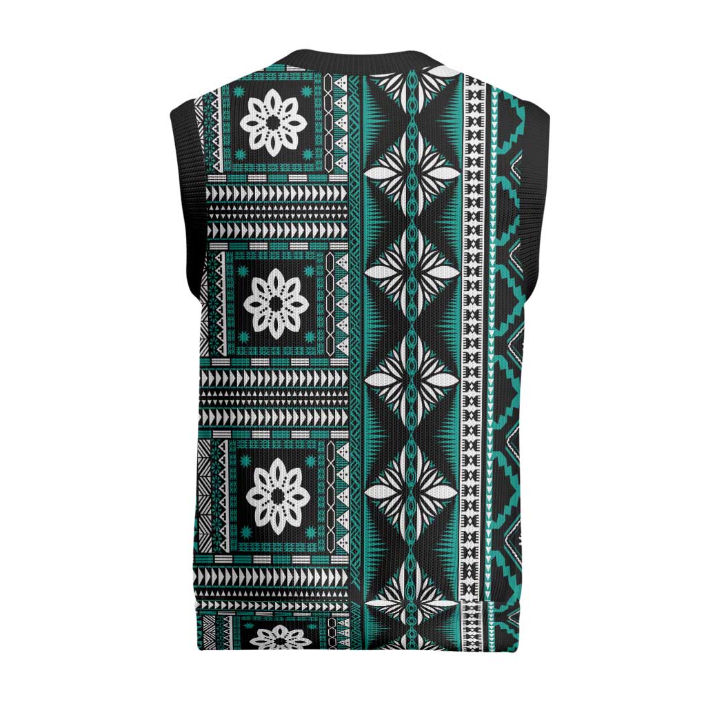 Fiji Masi Tapa Pattern Teal Christmas Knitted V-Neck Vest LT01 - Polynesian Pride