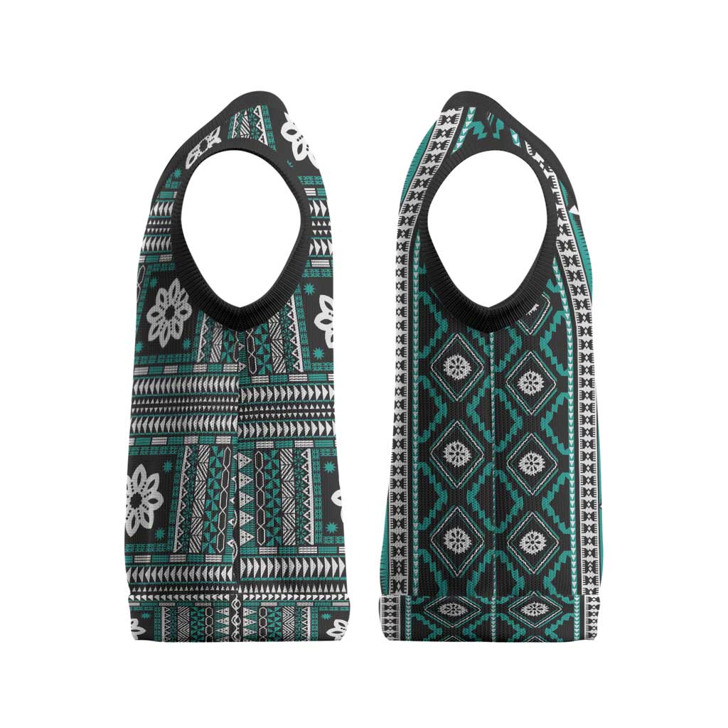 Fiji Masi Tapa Pattern Teal Christmas Knitted V-Neck Vest LT01 - Polynesian Pride