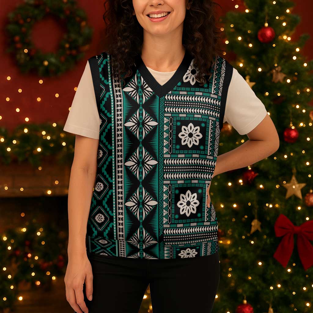 Fiji Masi Tapa Pattern Teal Christmas Knitted V-Neck Vest LT01 - Polynesian Pride