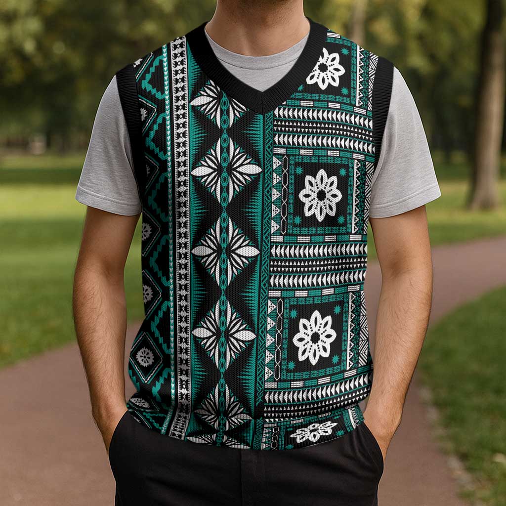 Fiji Masi Tapa Pattern Teal Christmas Knitted V-Neck Vest LT01 - Polynesian Pride