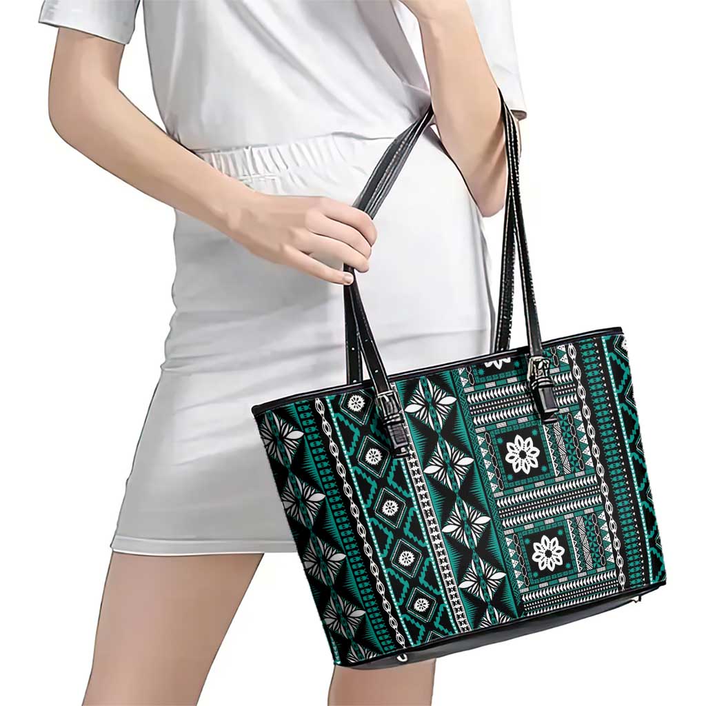 Fiji Masi Tapa Pattern Teal Leather Tote Bag - Polynesian Pride
