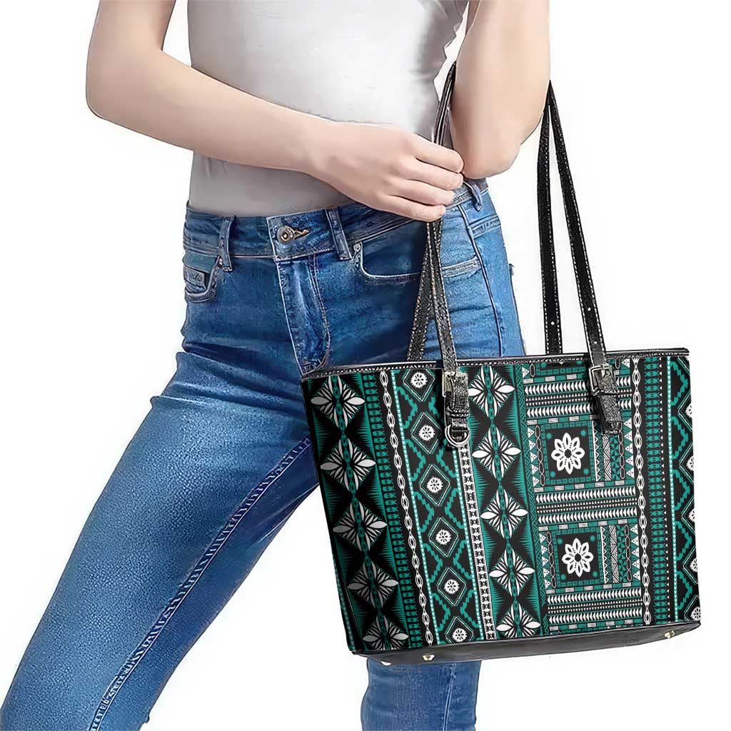 Fiji Masi Tapa Pattern Teal Leather Tote Bag - Polynesian Pride