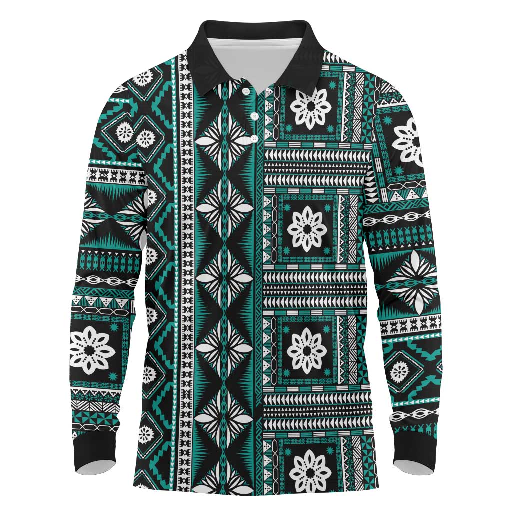 Fiji Masi Tapa Pattern Teal Long Sleeve Polo Shirt - Polynesian Pride