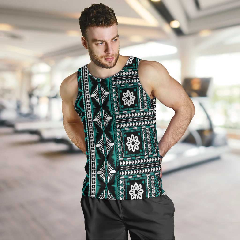 Fiji Masi Tapa Pattern Teal Men Tank Top - Polynesian Pride