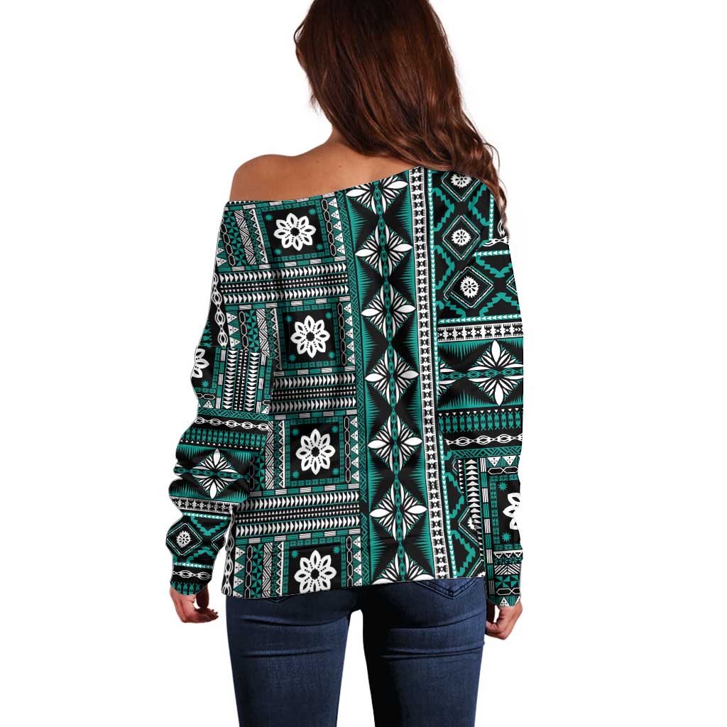 Fiji Masi Tapa Pattern Teal Off Shoulder Sweater - Polynesian Pride