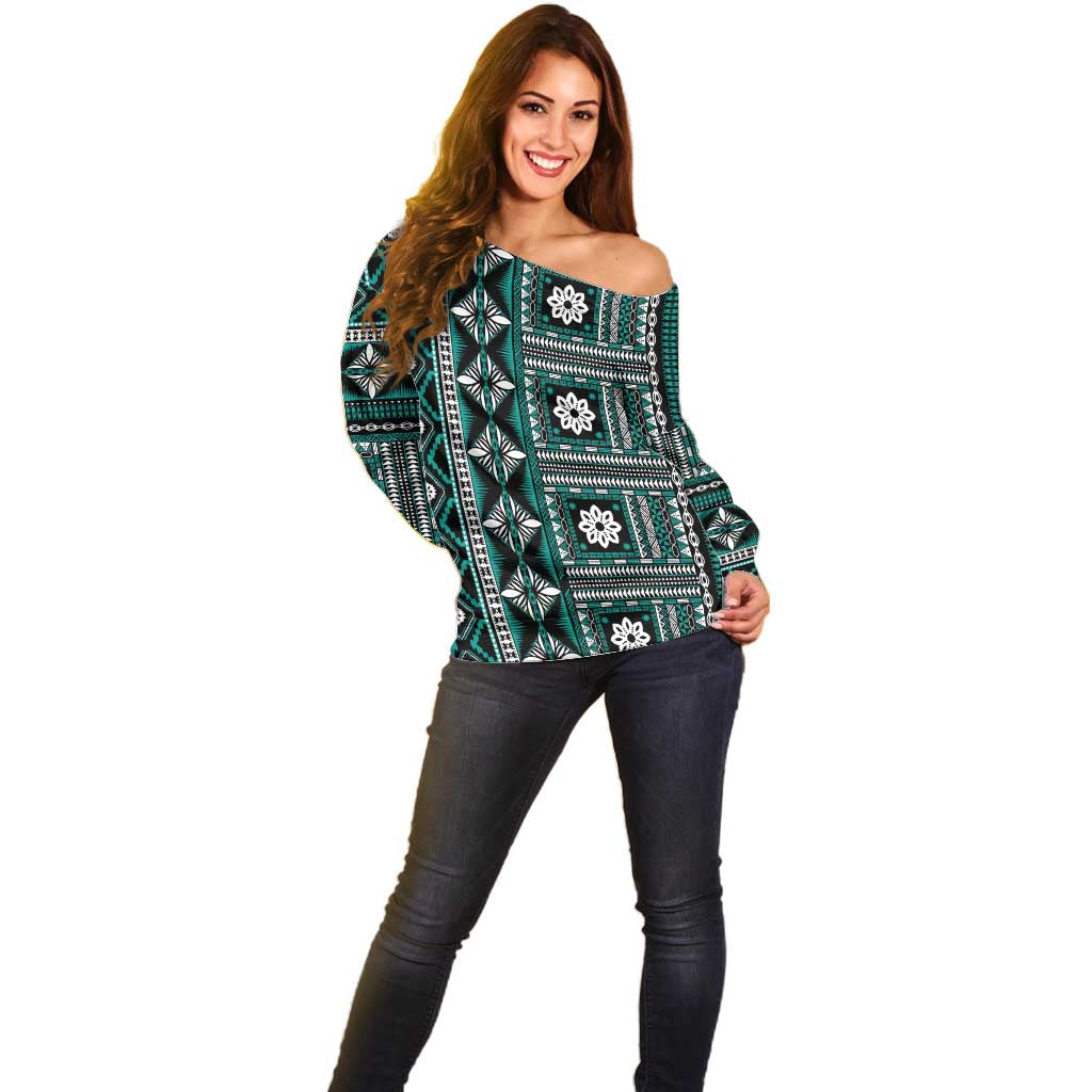Fiji Masi Tapa Pattern Teal Off Shoulder Sweater - Polynesian Pride
