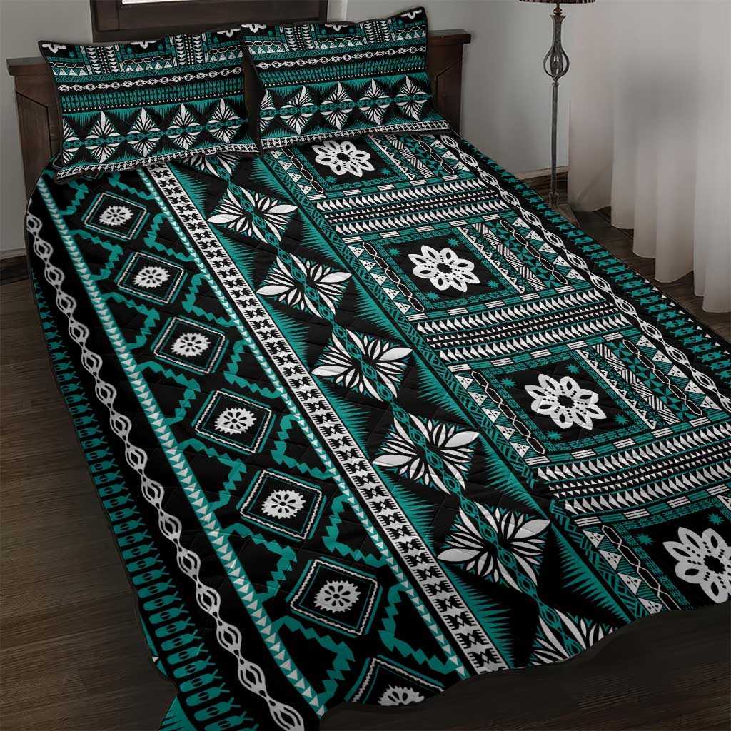Fiji Masi Tapa Pattern Teal Quilt Bed Set - Polynesian Pride