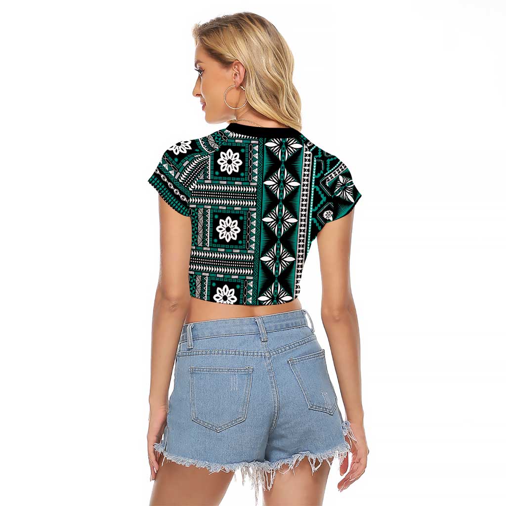 Fiji Masi Tapa Pattern Teal Raglan Cropped T Shirt - Polynesian Pride