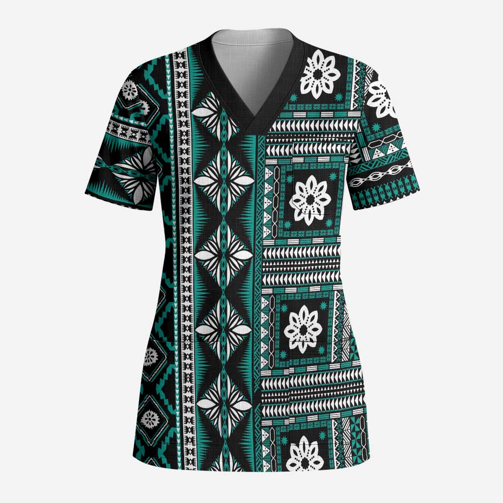 Fiji Masi Tapa Pattern Teal Scrub Top - Polynesian Pride