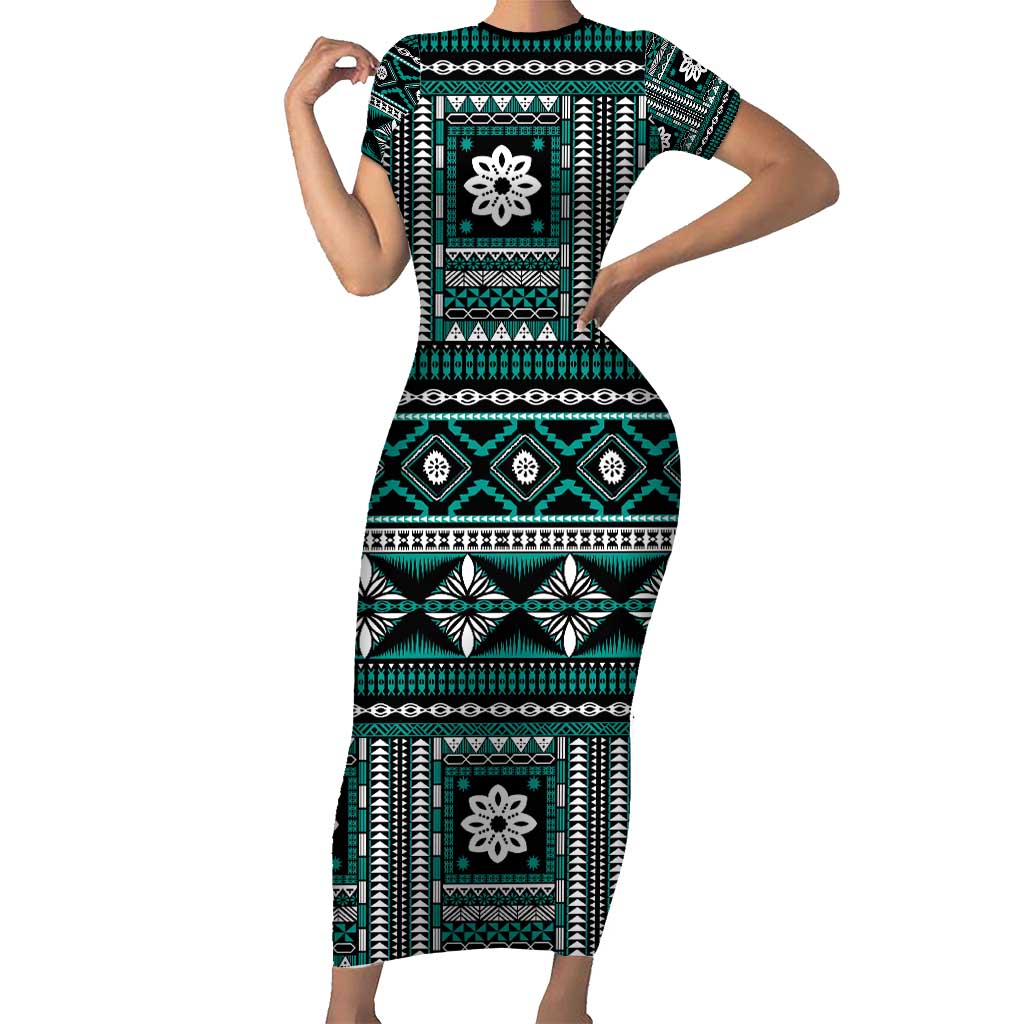 Fiji Masi Tapa Pattern Teal Short Sleeve Bodycon Dress LT01 Long Dress Teal - Polynesian Pride