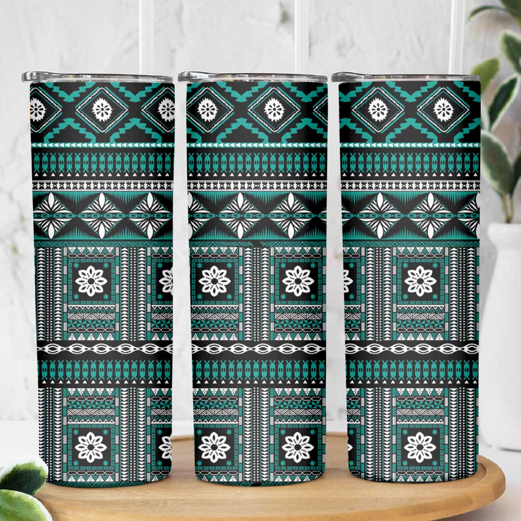 Fiji Masi Tapa Pattern Teal Skinny Tumbler - Polynesian Pride