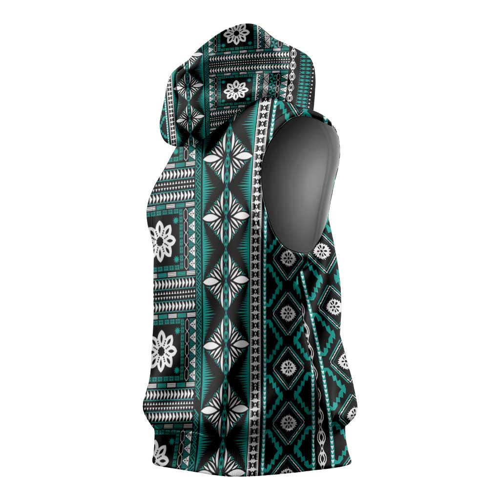 Fiji Masi Tapa Pattern Teal Sleeveless Hoodie - Polynesian Pride