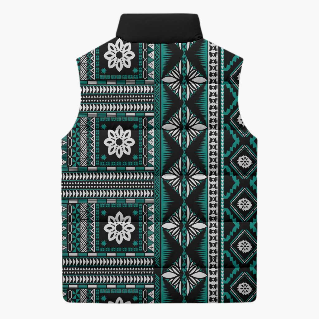 Fiji Masi Tapa Pattern Teal Sleeveless Puffer Jacket - Polynesian Pride